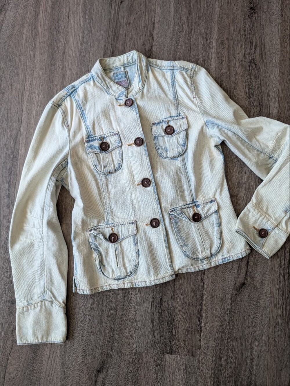 Vintage Y2K Marithe Francois Girbaud Light Blue Washed Denim Military Jacket